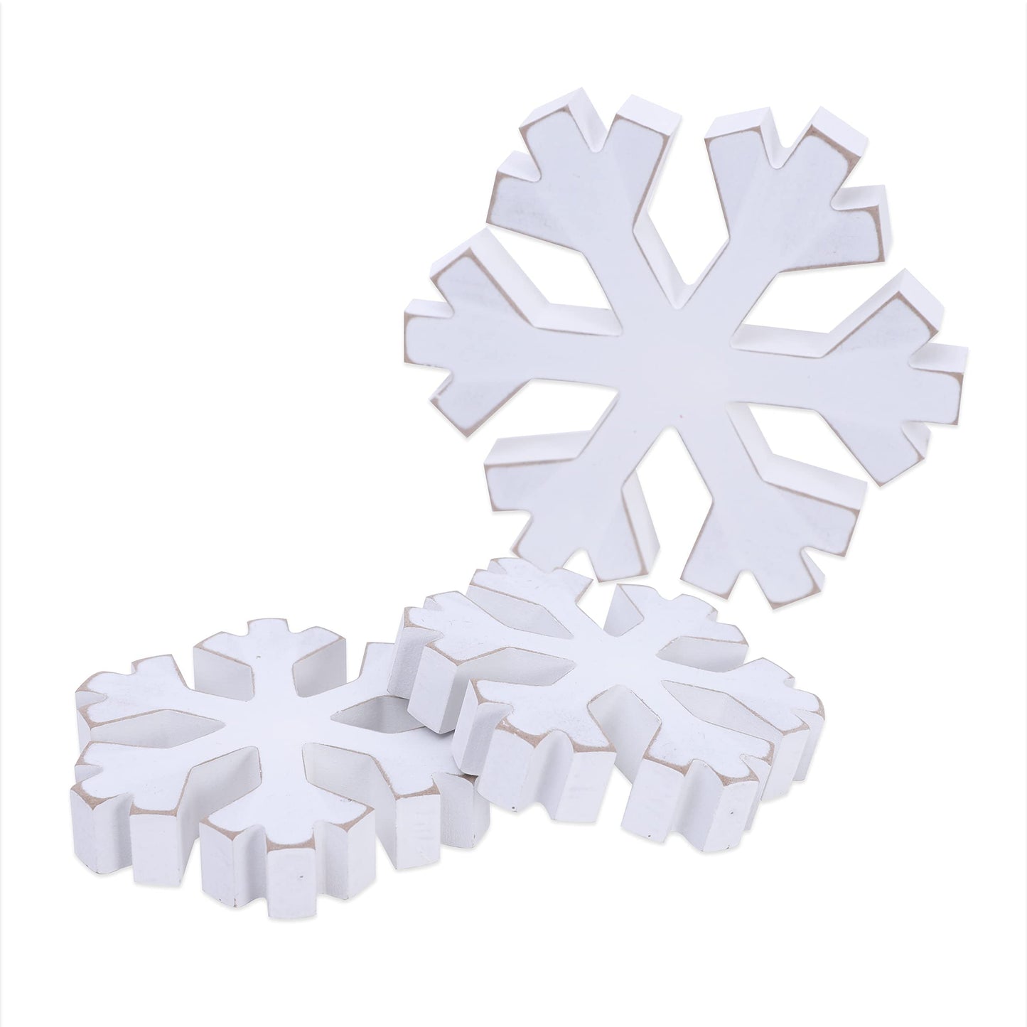 WAWOO 3 Pieces Winter Farmhouse Snowflake Decor - White Distressed Snowflakes for Christmas, Photo Props, Fireplace
