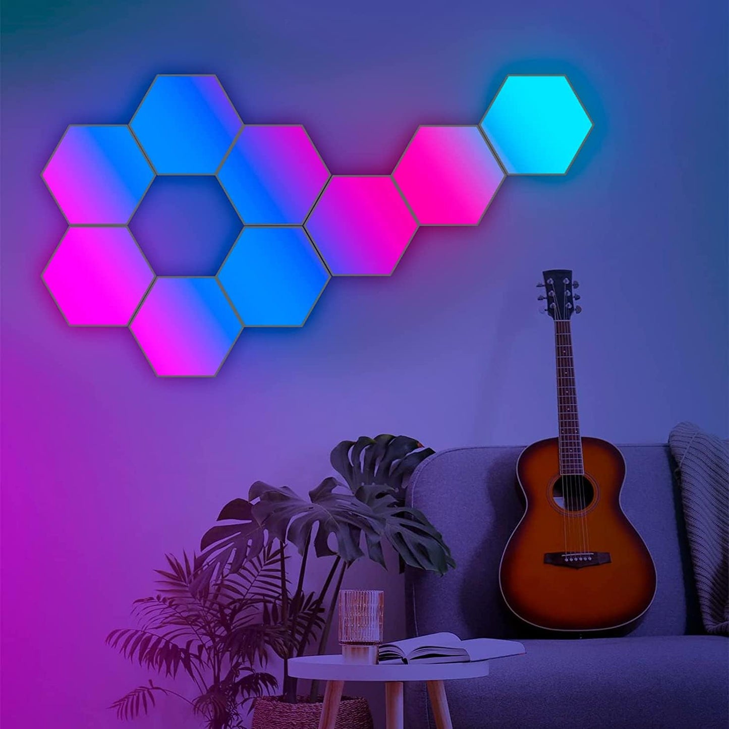 Amailtom Hexagon LED Lights Sync with Music, Hexagon Gaming Wall Lights App and Remote Control, 16 Million Colors Modular Light Panels DIY Geometry Splicing for Gaming Room Bedroom, 7 Pack