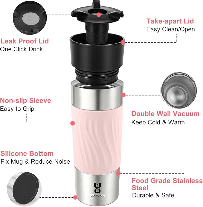 Travel Coffee Mug with 360°Lid, Travel Coffee Tumbler 16 oz Leak Proof, Stainless Steel Insulated Travel Mugs for Hot and Cold Spill Proof Leak Proof(Pink)