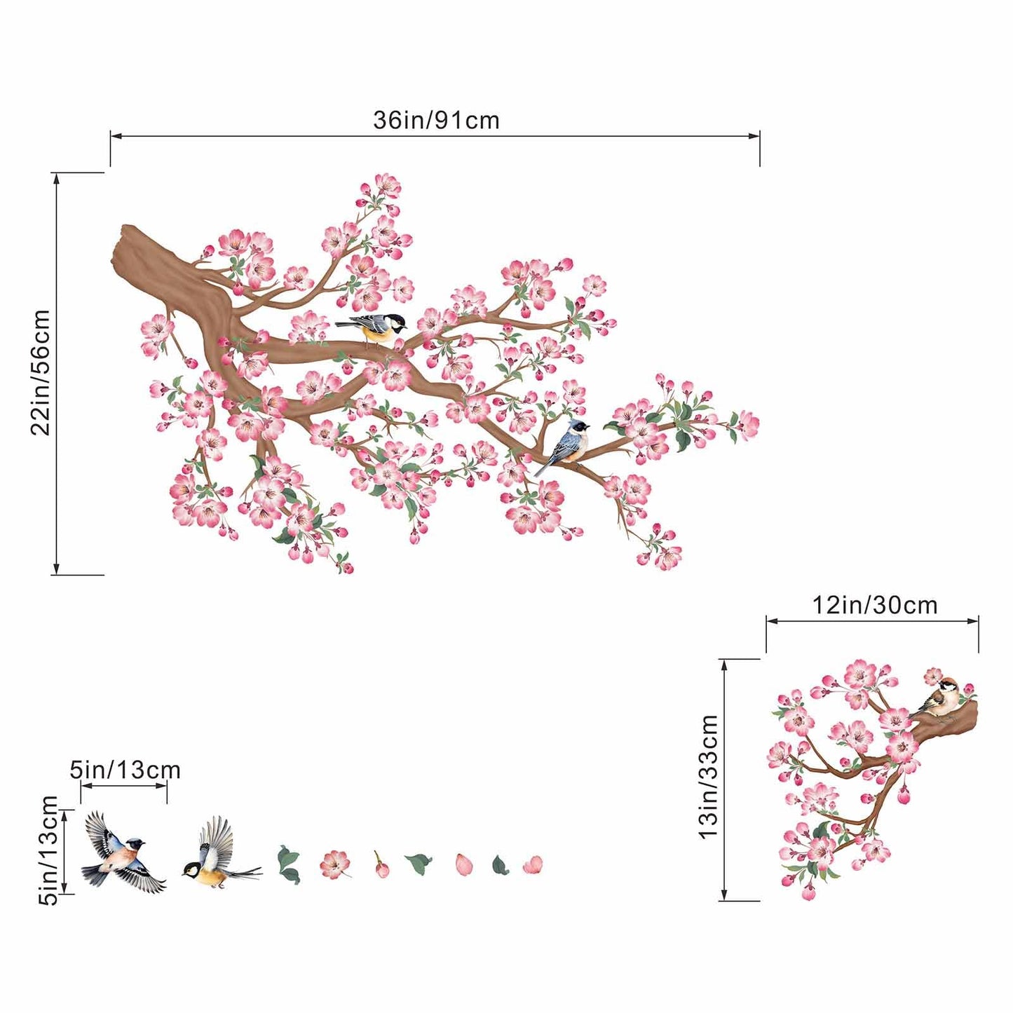 Cherry Blossom Wall Stickers for Bedroom: Peel and Stick Pink Flower Tree Branch Bird Wall Decals - Living Room Bathroom for All Adults
