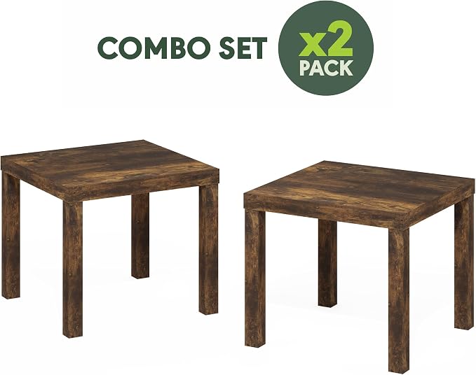 Furinno Classic Toolless Assembly Square Side Table Set of 2, Rustic Brown End Table with 1.8 Thick Tabletop, Night Stand, Bedside Table, for Living Room, Bedroom, Amber Oak