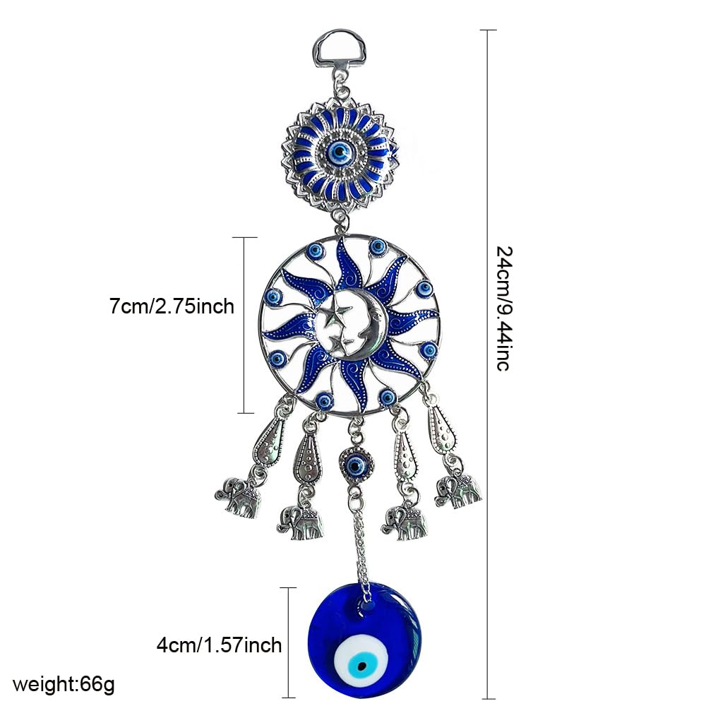Turkish Evil Eye Wall Hanging, Blue Silver Sun Moon Stars Design with Elephant Charms, Traditional Protection Amulet Decor (1, Moon Star)
