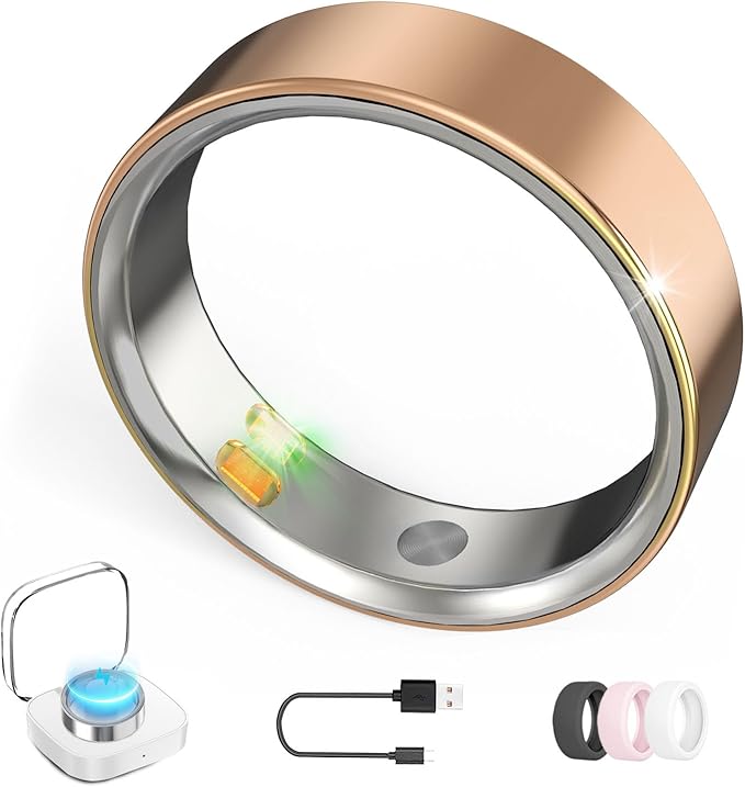 Smart Ring with Vibration Alerts, health tracker ring with Body Temperature Monitor, Heart Rate, Sleep & Fitness Tracking, Waterproof Activity Ring for Men & Women, No App Fees (Rose Gold, 7#)
