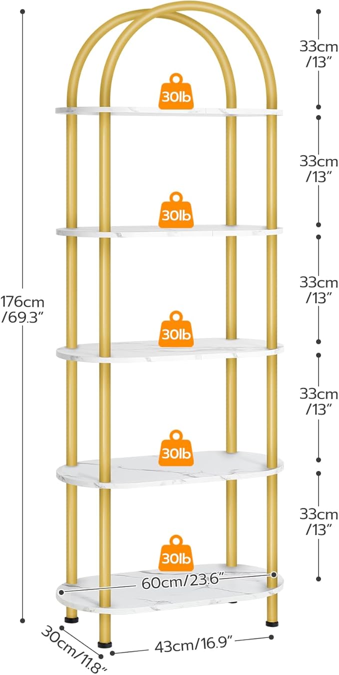 HOOBRO 5 Tier Open Bookshelf, Industrial Arched Bookcase Display Shelf Rack, Wooden Bookcase Storage Shelf Metal Frame, Tall Storage Organizer for Home, Easy Assembly, Gold DM176SJ01