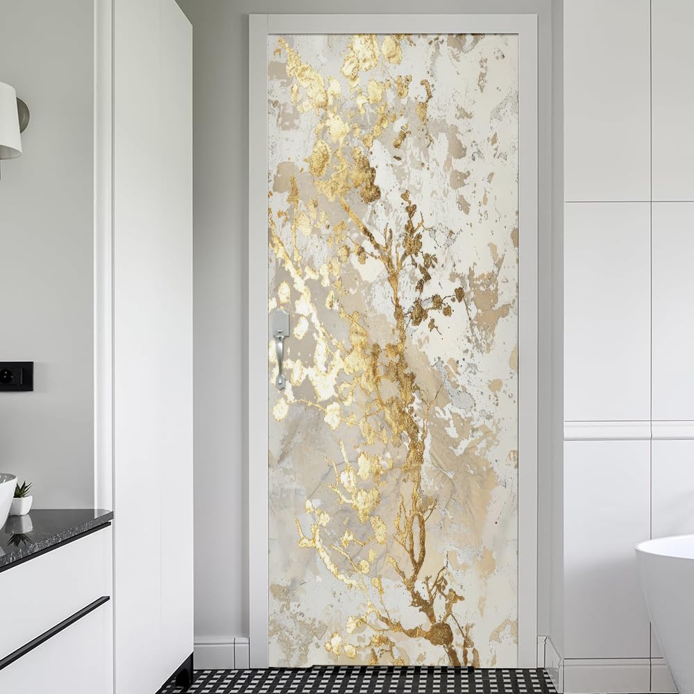 REDAMANCY White Beige Cream Yellow Abstract Marble Peel and Stick Door Stickers Vinyl Decals Decor Modern Self-Adhesive, Waterproof, Removable