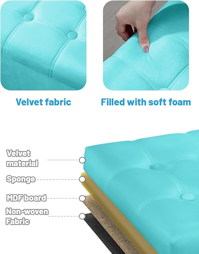 AmasSmile Storage Ottoman Foot Rest Stool, 17 inch Velvet Footstool Bench, Short Ottomans Stool, Small Folding Storage Ottoman Store Books, Records, Teal