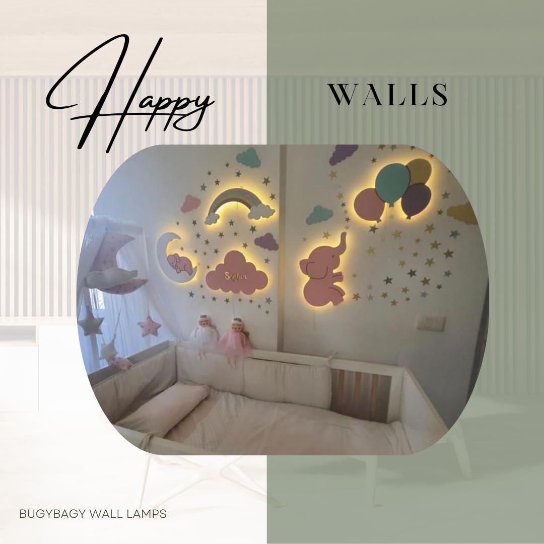 BugyBagy Nursery Wall Lamp Set – 3 Hand Painted Night Lights for Baby Room (Hot Air Balloon, Cloud, Elephant on Moon) + Bonus Wall Stickers – Soft Linen Colors Pink or Blue (Beige Theme 2)
