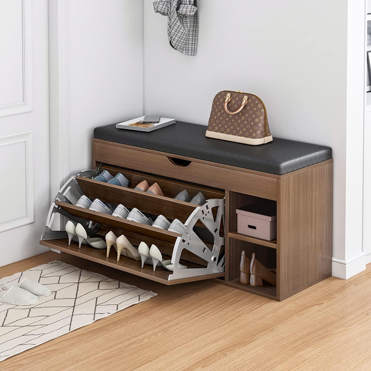 HOMEMORE Shoe Storage Bench Entryway Shoe Bench with Adjustable 3-Tier Flip-Up Shoe Rack Wooden Shoe Cabinet with Seat Cushion for Hallway Living Room