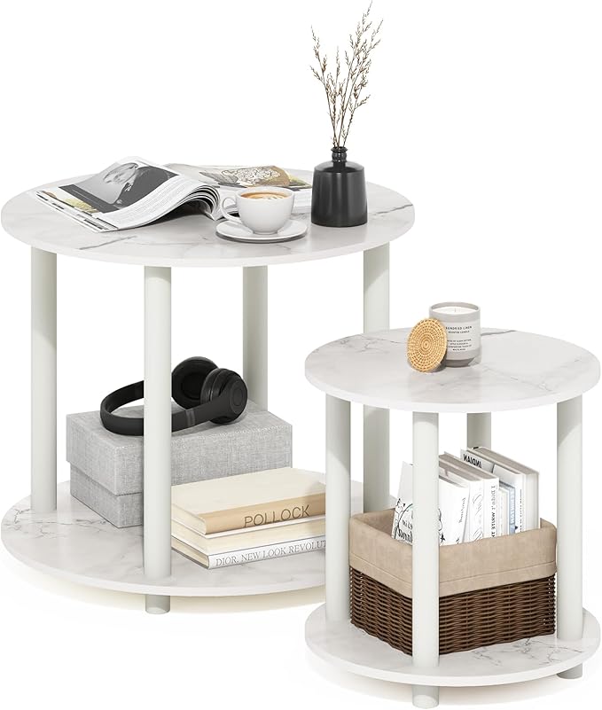 Furinno Turn-N-Tube Simple Design 2-Tier Round Wooden Small Coffee Table, Marble White
