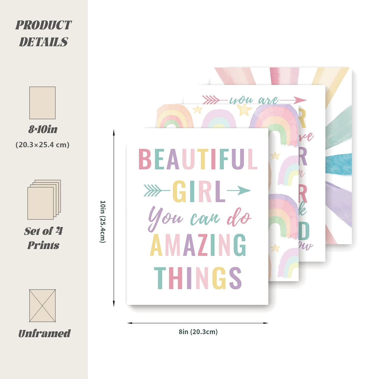 LARTSFRO Boho Pastel Rainbow Sunshine Inspirational Nursery Wall Art Prints Set of 4, Baby Girl Room Decor, Positive Affirmations Artwork Posters Wall Decor for Girls Nursery Room, 8x10 Unframed