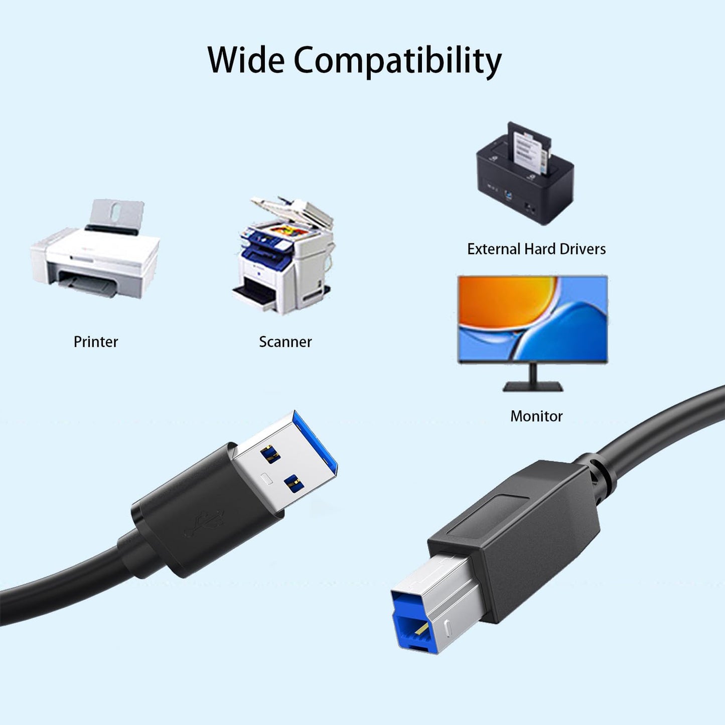 3.0 5Gbps 5Ft) Pocxwa USB Printer Cable, USB-A to B Male Cord Data Sync Compatible with Printers, Scanner, Docking