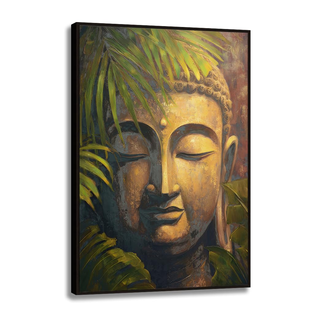 Buddha Head Canvas Wall Art, Framed 24x36 Inch Zen Buddhist Painting, Large Spiritual Meditation Room Decor, Buddha Print With Gold Decoration for Living Room Bedroom Yoga Studio, Ready to Hang