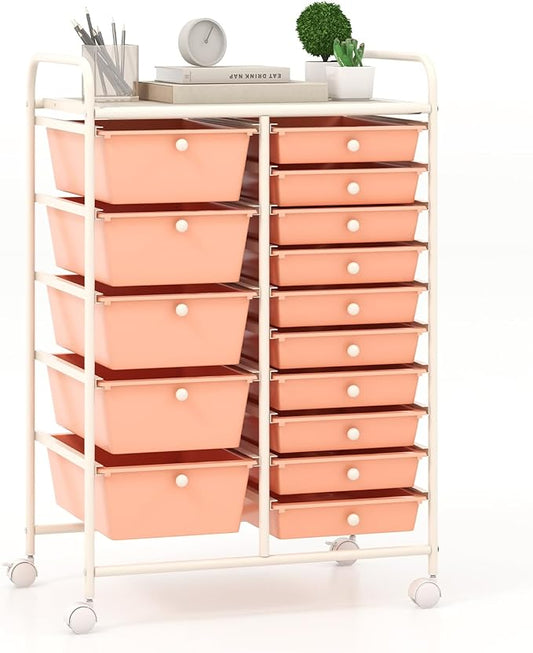 Giantex 15 Drawers Rolling Cart, Classroom Organizers, Storage Cart with Wheels, for Teacher Office Home School Supplies Tool Craft Art Paper