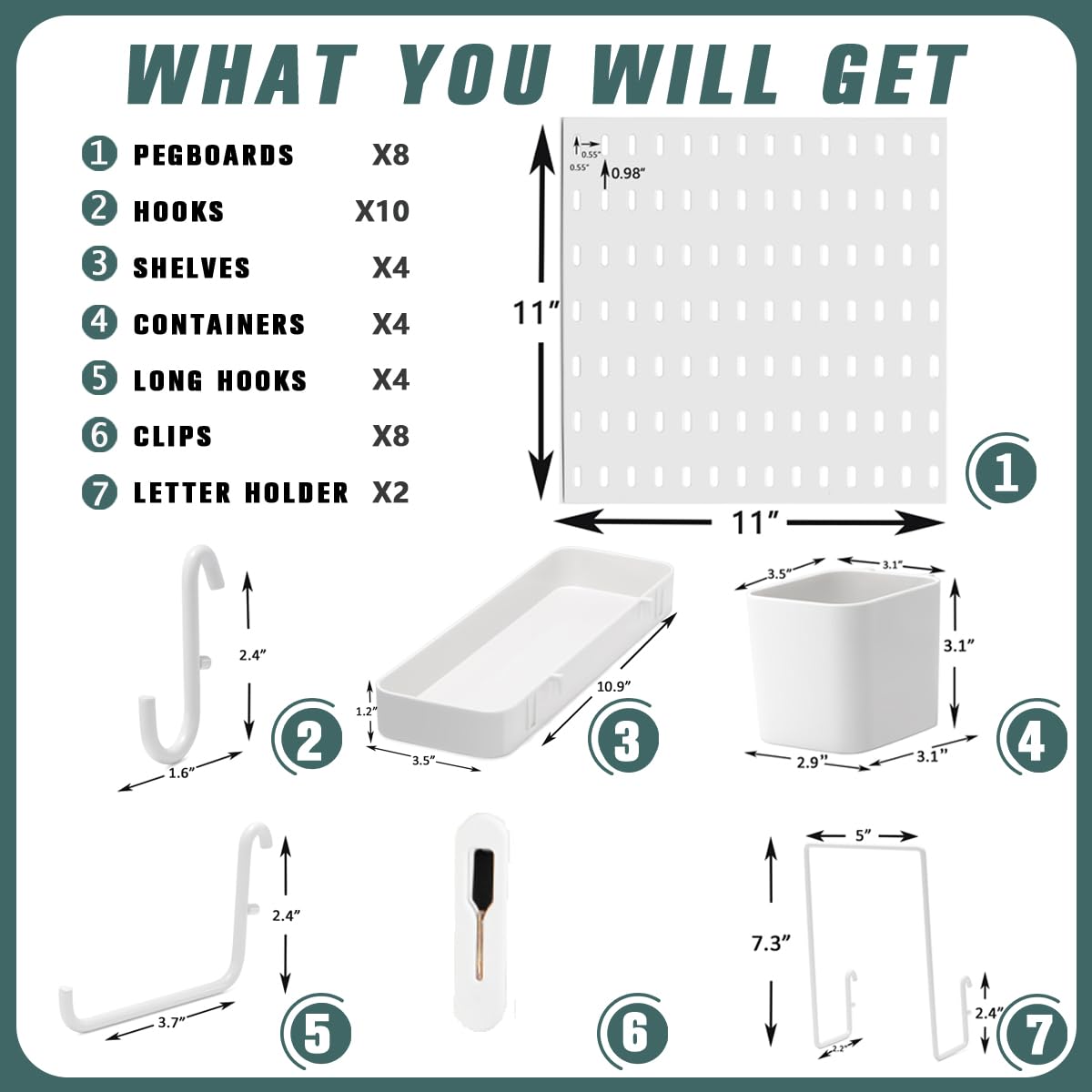 MULSAME Pegboard Combination Kit, Wall Mounted Storage Set with 8 Pegboards & 28 Accessories Hanging, Peg Boards Organizer for Walls Display, Crafts Organization, Kitchen Organizer, 22" x 44" White