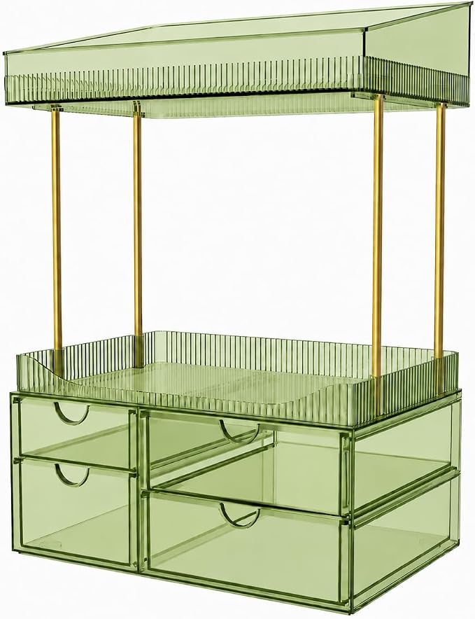 SNSLXH 4 Drawers Makeup Organizer - 4 Tier Makeup Storage, Cosmetics Organiser, Ideal for Cosmetic, 4 Dividers with Drawers for Countertop, Bathroom, Office Supplies, Dresser Transparent Green