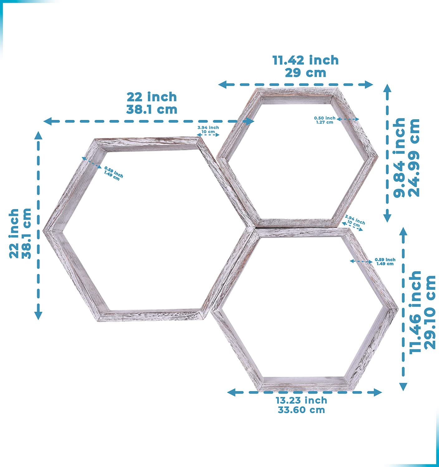 Comfify Rustic Wall Mounted Hexagonal Floating Shelves – Set of 3 Honeycomb Shelves - Farmhouse Decor – Honeycomb Wall Decor - Rustic White
