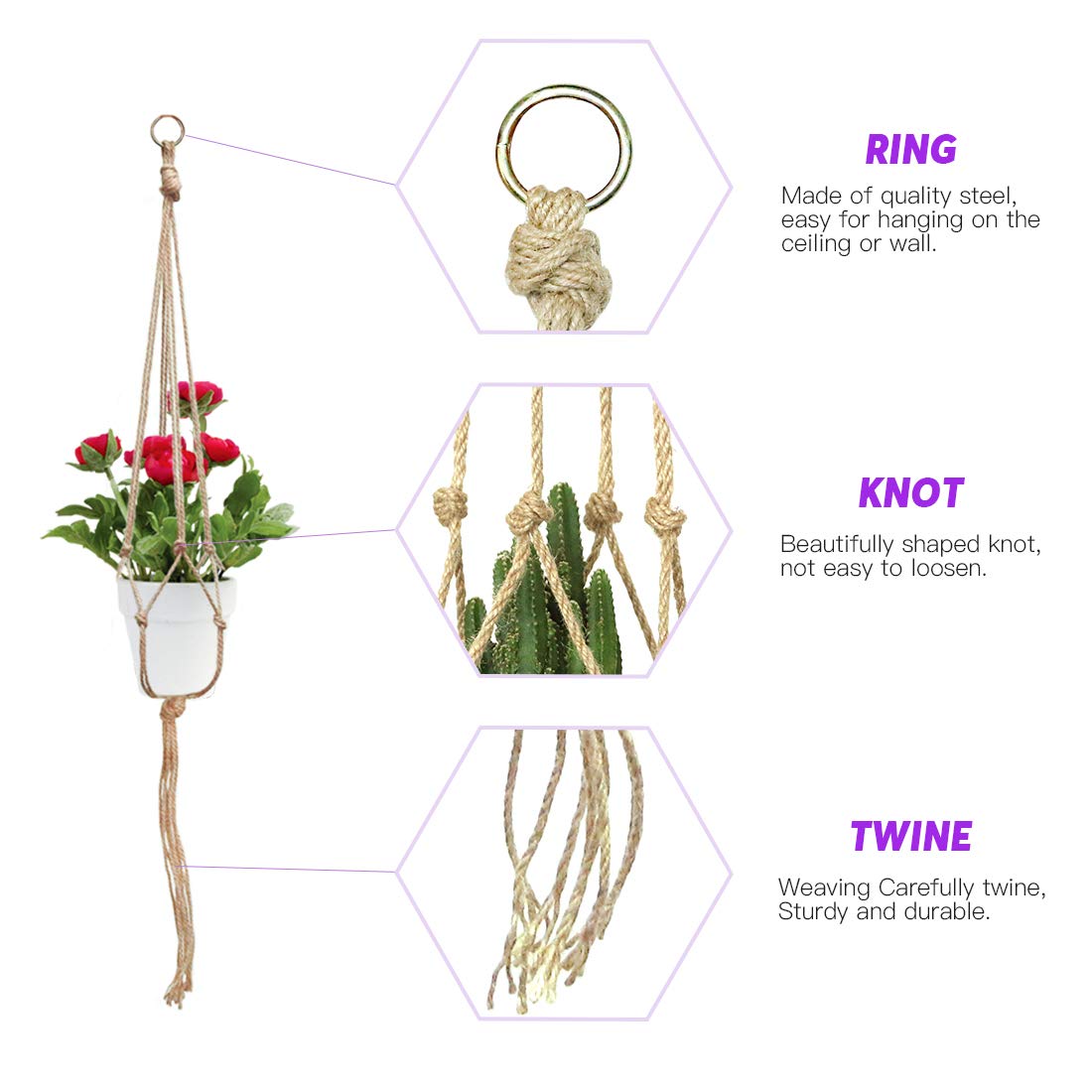 Swpeet 6 Pack 3 Sizes Macrame Hanging Planter Holder Plant Hanger with 6 Pack 2.9 Inch Ceiling Cup Hooks Kit, Hanging Planter Basket Rope Holder for Indoor Outdoor Decorations Beautiful Hanging