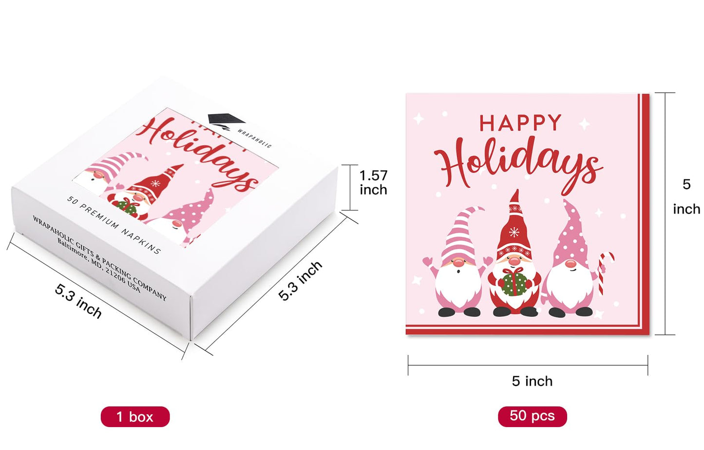 WRAPAHOLIC 50Pcs Christmas Gnomes Paper Napkins - 3-Ply Disposable Cocktail Napkin for Christmas Party Supplies Tableware, Xmas Holiday Party Decorative Towels - 5 x 5 In