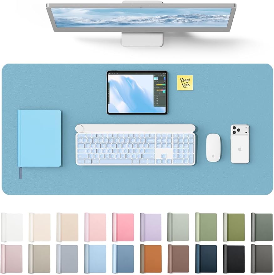 YSAGi Leather Desk Protector, Office Mat, Large Mouse Pad, Non-Slip PU Leather Blotter, Laptop Desk, Waterproof Writing Pad for Office and Home (Sea Blue, 35.4" x 17")