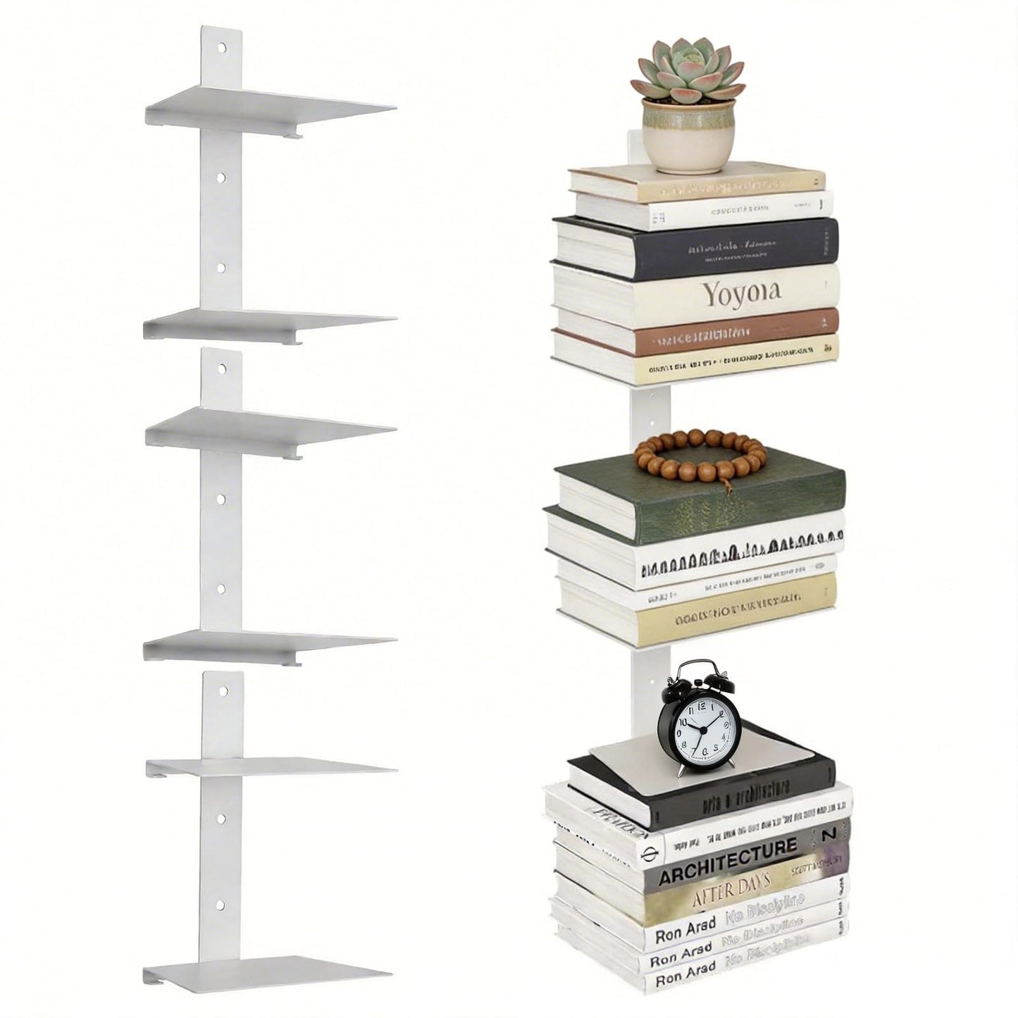 Luckybell 6 Tier Invisible Floating Book Shelves for Wall,Heavy Duty Floating Book Shelves, Metal Book Organizers Vertical Spine Book Tower for Home Office, 3 Pack(White)