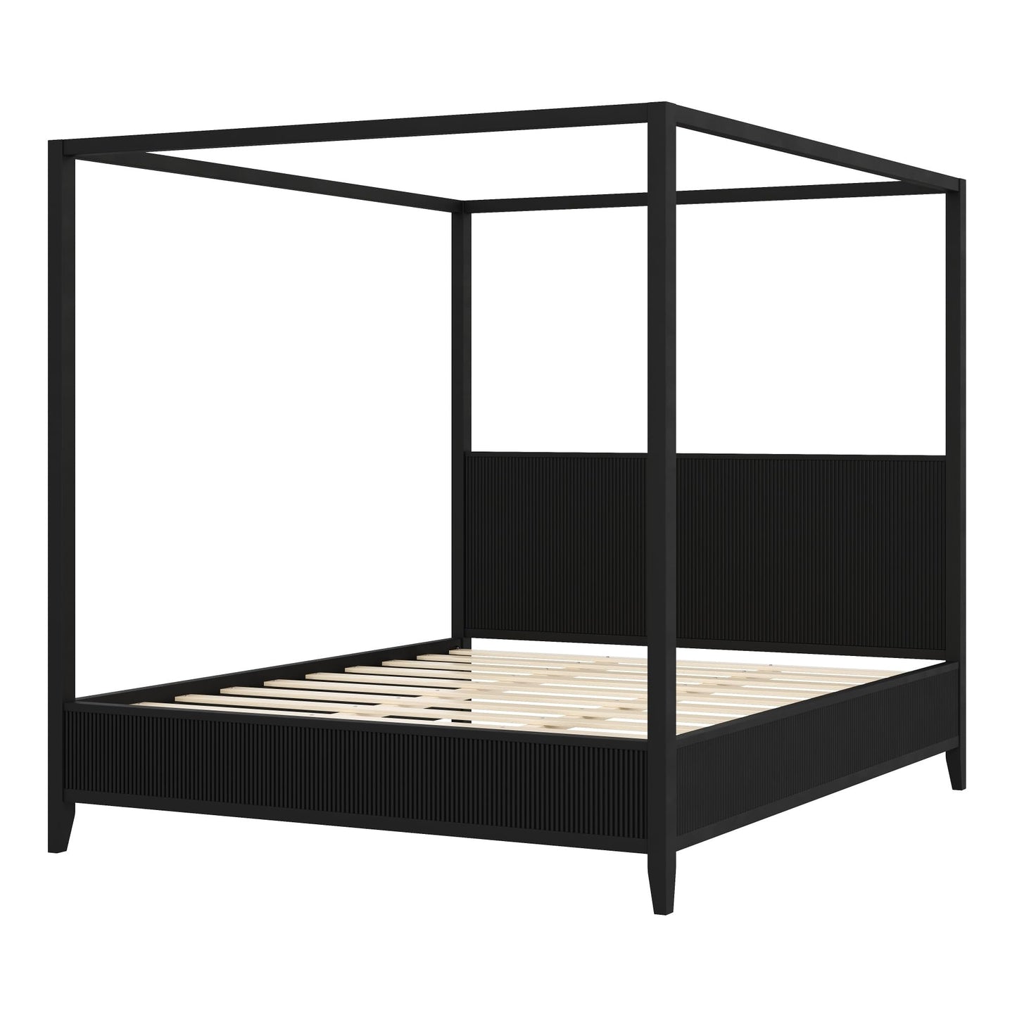 Merax Modern Luxury King Size Wooden Canopy Bed Frame with Headboard, Slats Support, Wood 4 Poster Bed Frame, No Box Spring Needed, Contemporary Bedroom Furniture, Black