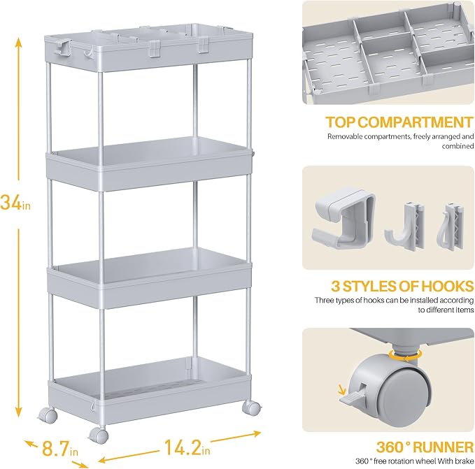 SPACELEAD 4 Tier Rolling Cart with Wheels, Storage Craft Art Trolley Organizer Serving, 3 Hanging Baskets Easy Assembly, for Office, Living Room, Kitchen
