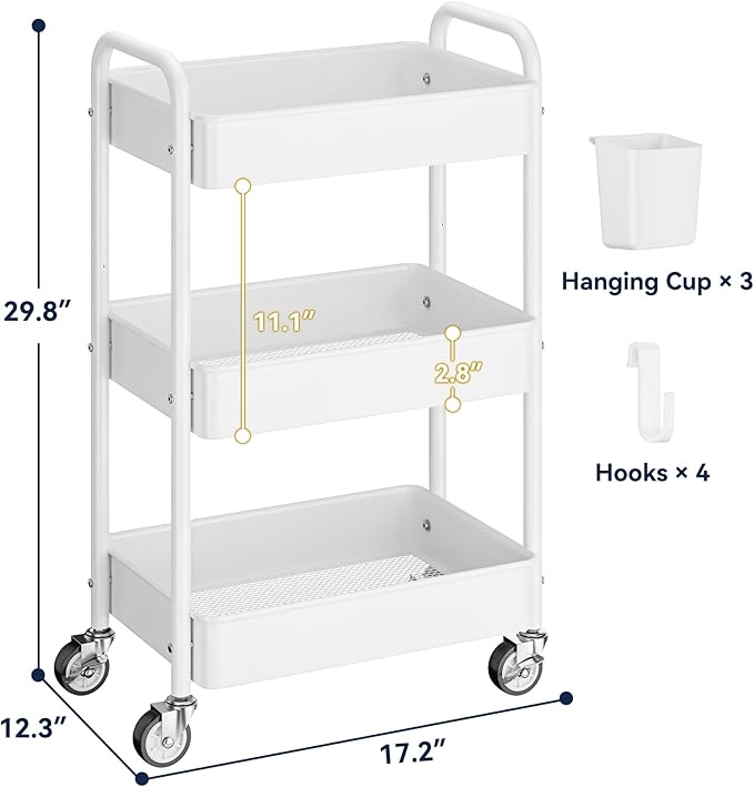 YASONIC Metal 3 Tier Rolling Cart - Heavy Duty Utility Cart with Lockable Wheels, Hanging Cups, Hooks, Mesh Rolling Storage Cart Craft Cart Organizer, Lightweight and Sturdy, White