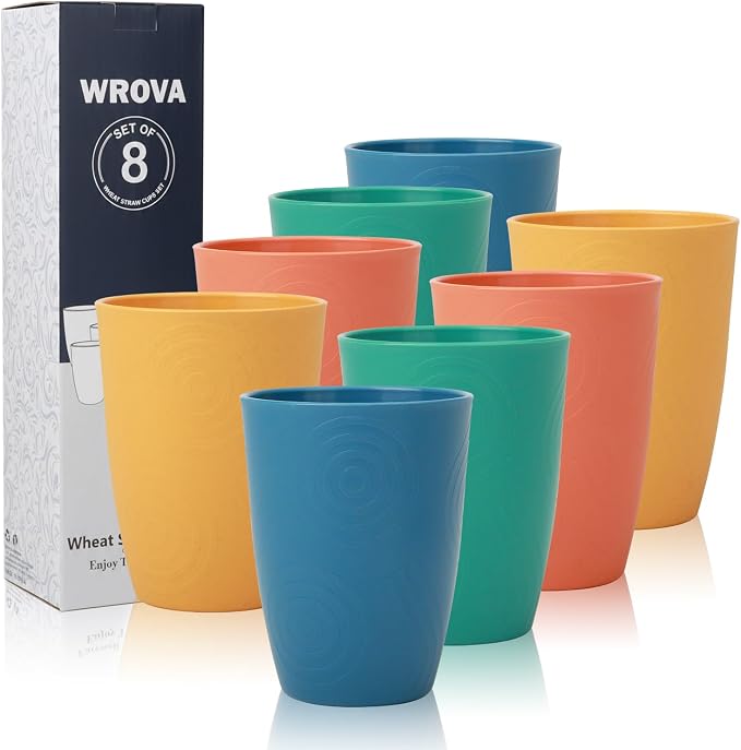 Wrova Wheat Straw Cups Set of 8, 12oz Kids Cups Unbreakable Drinking Cups Alternative to Plastic Cups Reusable, Dishwasher Safe Water Tumbler Set for Kitchen,Camping- Vibrant