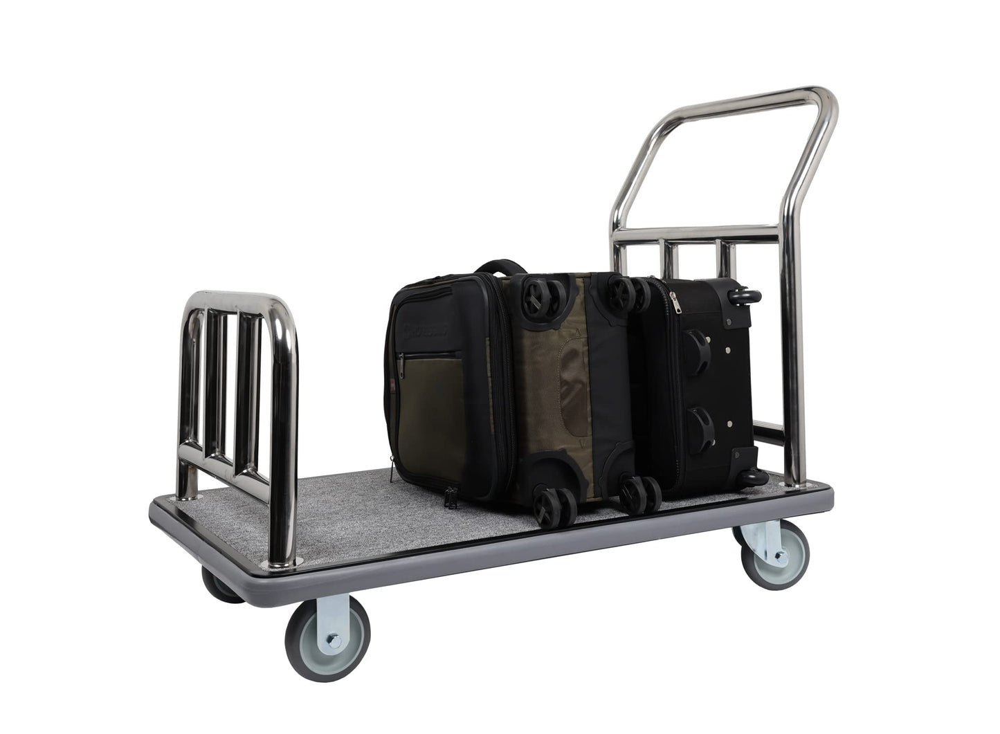 Wholesale Hotel Products Stainless Steel Utility Cart – 750lb Capacity – Dolly Cart w/ 5” Wheels & Grey Carpet, for Hotel, Resorts, Condos, Commercial Use (Value Valet Series)