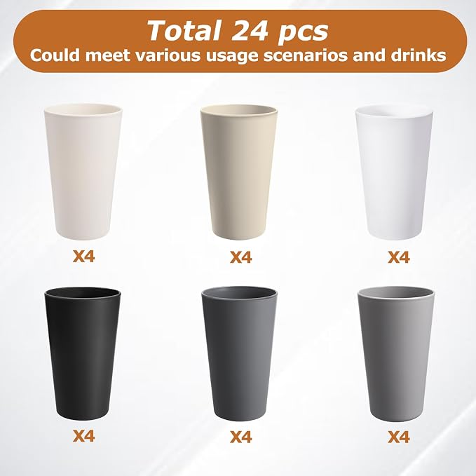24 Pcs Unbreakable Plastic Cups Set, 20 oz Reusable Plastic Cups, Stackable Water Tumblers, Drinking Cup for Kitchen, Outdoor, BPA-free, Dishwasher Refrigerator and Microwave Safe (20 oz, 6 Colors)
