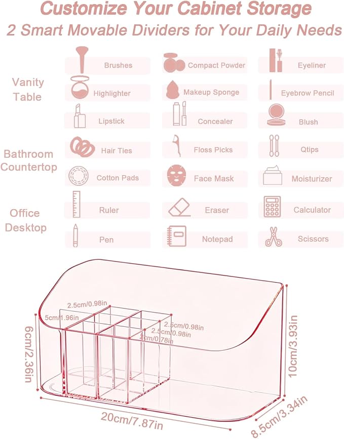 Makeup Tray Holder Organizer Cosmetic Display Case Tabletop Desktop Vanity Countertop Bathroom Wall Cabinet Medicine Storage Box 9 Dividers 2 Removable Women Ladies Girls Gifts Crystal Pink 1 PACK
