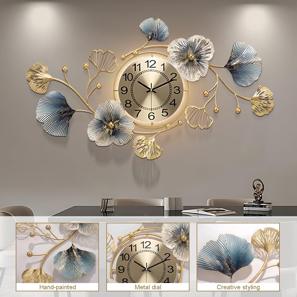 LJSCLDF Large Metal Wall Clocks with Led Light,Silent Creative Decorative Clock,3D Ginkgo Leaf Wall Clocks for Living Room Bedroom Kitchen Office Decor (33.6 X 20 inch)