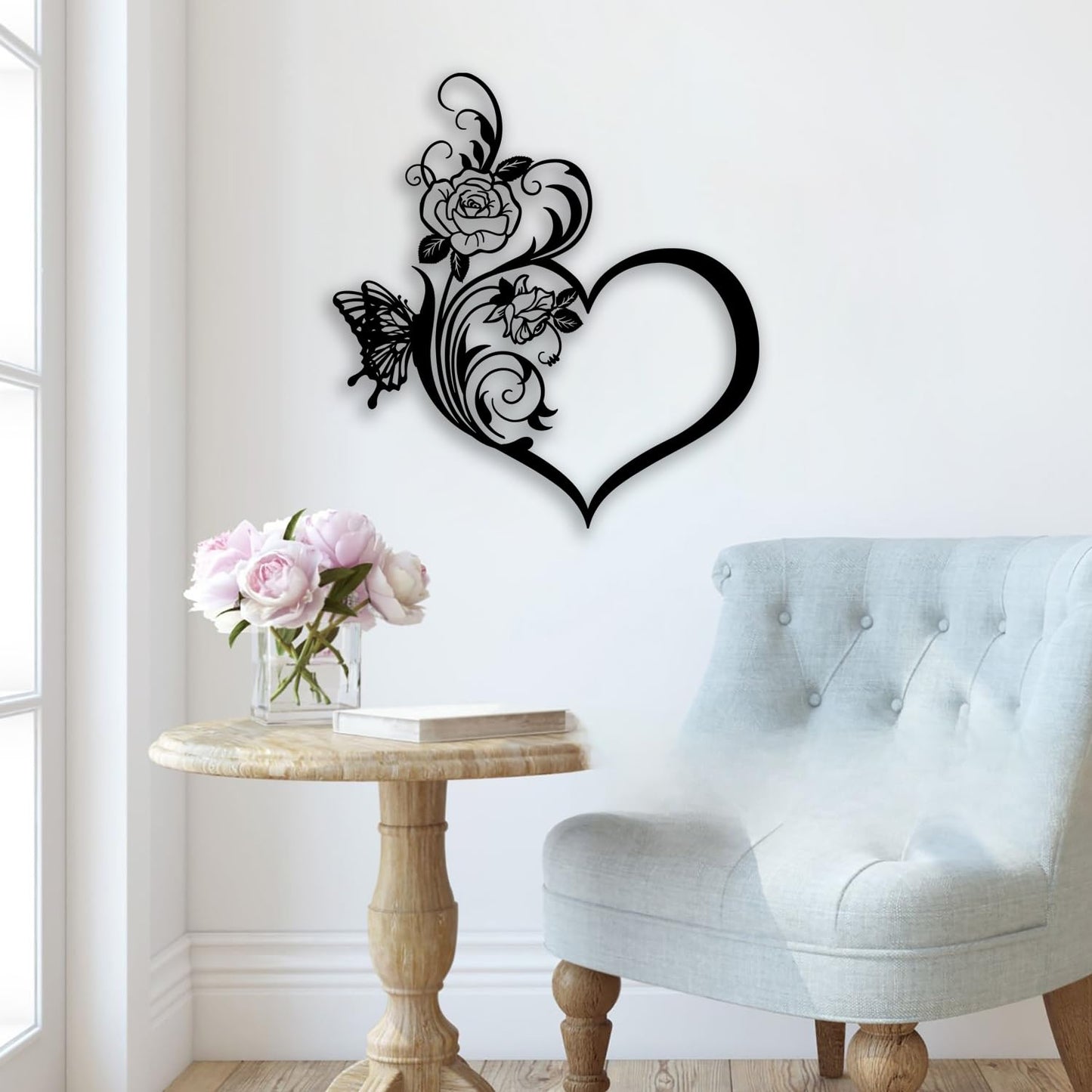 Love Heart Rose Butterfly Metal Wall Decor - Elegant Room Decor Wall Art Home Decor for Living Room, Bedroom, Dining Room, Bathroom, Office (Black)