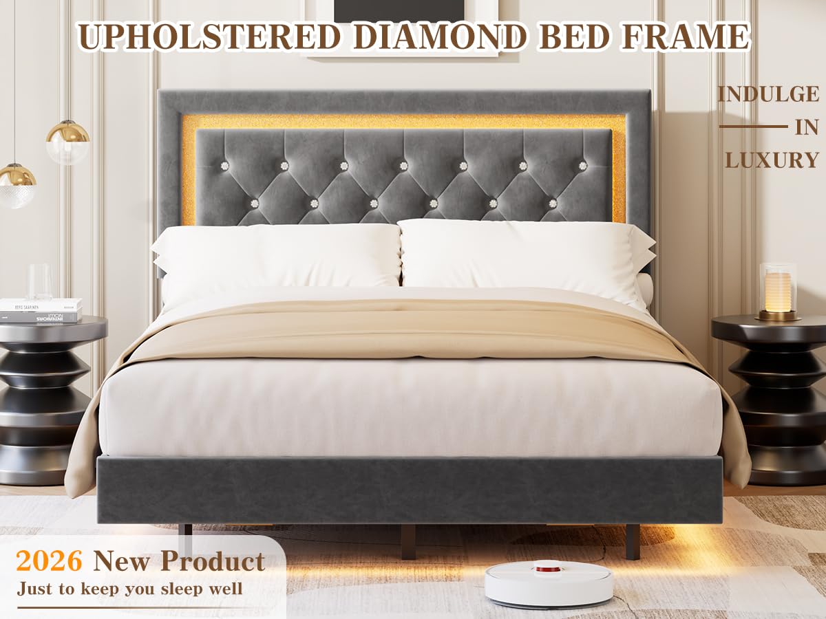 IDEALHOUSE Floating Queen Platform Bed Frame with Smart LED Lights – Modern Upholstered Diamond Headboard, Sturdy Wood Slats, Noise-Free, Easy Assembly, Sturdy Bedroom Furniture