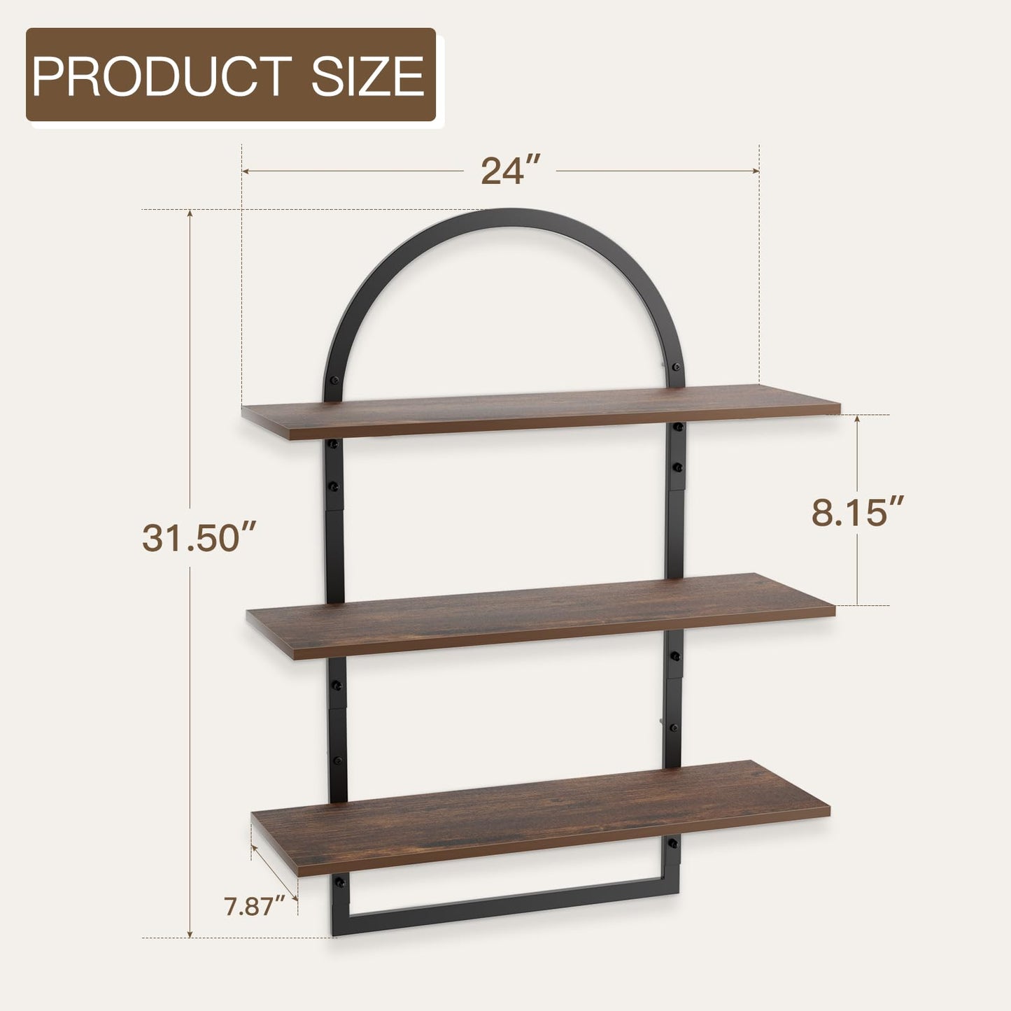 InnJoey Floating Shelf for Wall - 3 Tier 24"x 31.5" Shelves for Room Wall for Bathroom, Bedroom, Toilet, Kitchen, Living Room, Office, Rustic Brown