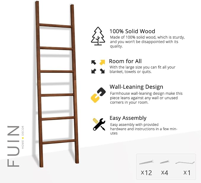 FUIN 6ft Wooden Brown Blanket Ladder Living Room Decorative Wall Leaning Farmhouse Quilt Display Holder Rustic Wood Towel Rack for Bathroom