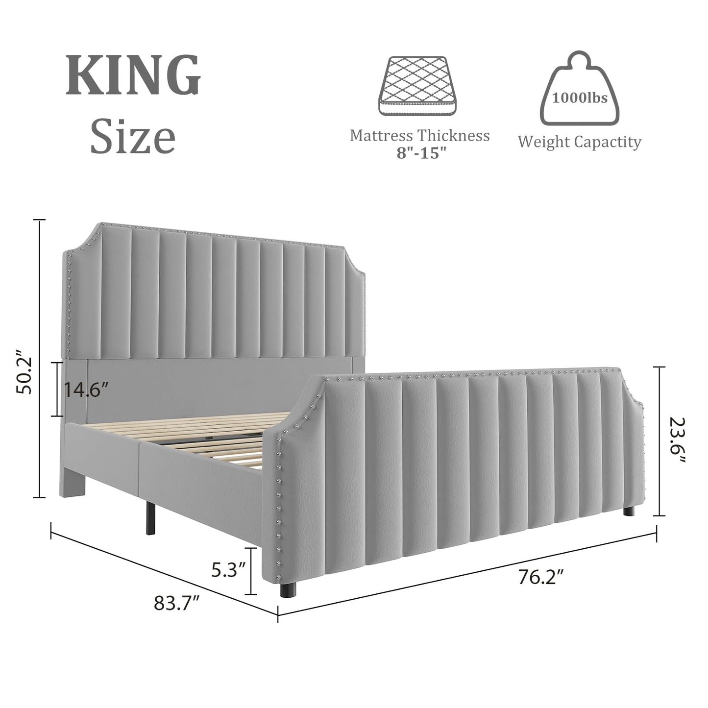 King Size Velvet Bed Frame, Vertical Channel Tufted 50.2 in Tall Headboard and Footboard with Nailhead Trim, Upholstered Platform Bed, Strong Wooden Slats, No Box Spring Needed, Easy Assembly, Grey