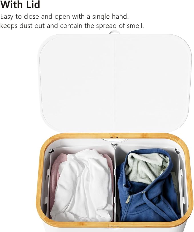 SpaceAid Double Laundry Hamper 2 Section with Lid and Removable Laundry Bags, 160L Clothes Basket with Bamboo Handles, Large Collapsible Hamper for Bedroom, Bathroom, Dorm, Laundry Room - White