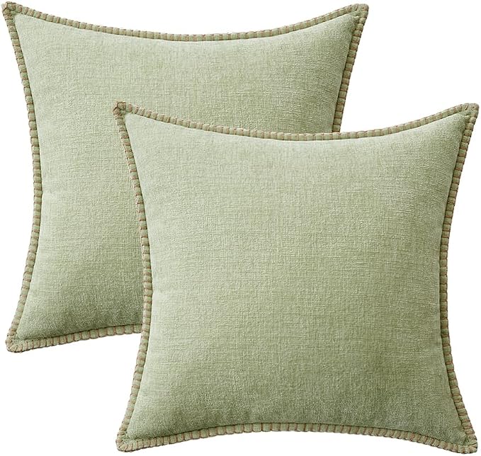 MIULEE Pack of 2 Summer Throw Pillow Covers 16x16 Inch Light Green Farmhouse Decorative Pillow Covers with Stitched Edge Soft Chenille Solid Dyed Pillow Covers for Couch Sofa Bed Living Room