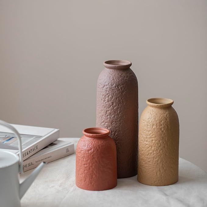 Large Decorative Ceramic Vase Set, 3 Pieces, Matte Taupe Orange Coral Beige, 10.4 Inch Tall, Nordic Modern Boho Style, Orange Peel Glaze Finish, Farmhouse Home Decor