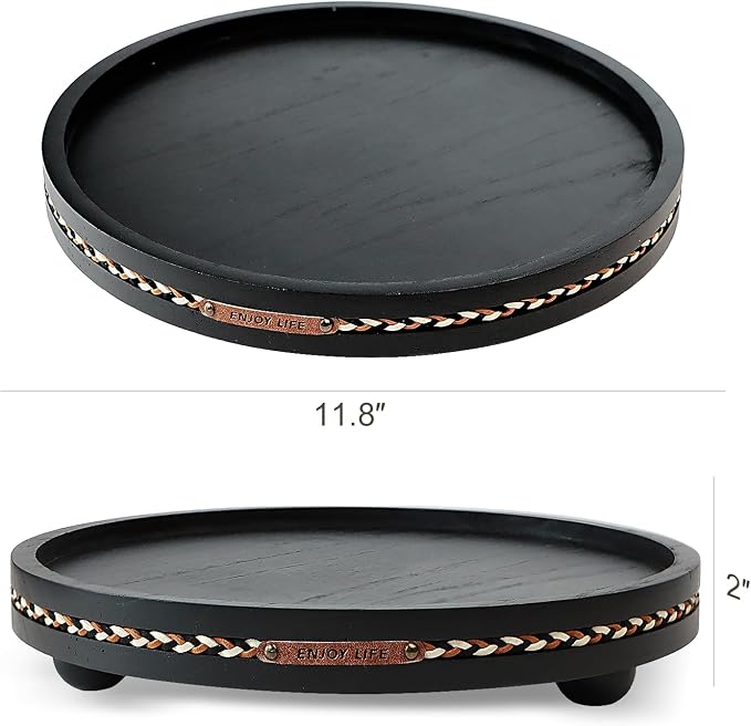 Farmhouse Decorative Round Tray, 11.81 Inch, Versatile Centerpiece Tray for Coffee Table Kitchen Living Room Bathroom, Home Decor Accent Black with Stripes