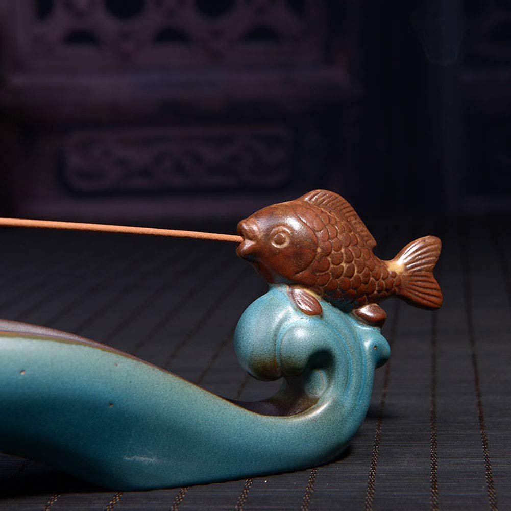 NAGU Cute Incense Holder Fish, Ceramic Incense Stick Holder Double Incense Burner, Funny Long Incense Ash Tray for Home Decoration, Yoga. Meditation, Tea
