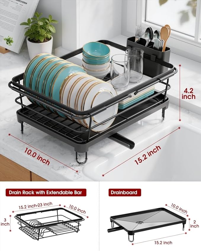 Sakugi Dish Drying Rack in Sink - Expandable Stainless Steel Dish Rack Over The Sink, Kitchen Sink Drain Strainer with Cutlery Holder & Cup Holders, 15.2 x 10.0 x 4.2 Inch, Black