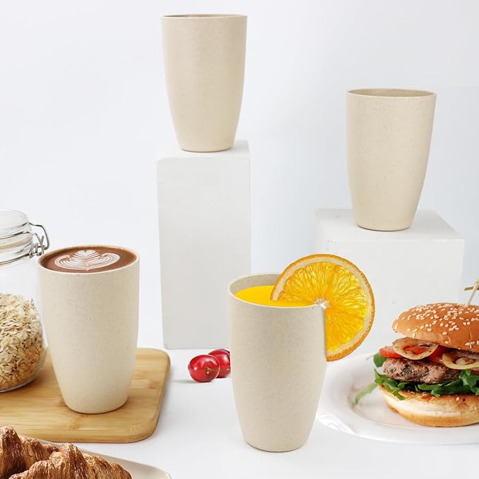 PYRMONT Wheat Straw Cups 20 Oz Alternative Plastic Cups Set of 6 Unbreakable Big Cups for Kitchen Dishwasher & Microwave Safe Large Water Cups for RV,Office-Beige