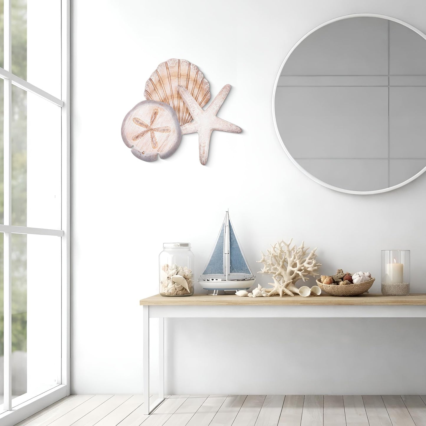 Novabright Coastal Sea Shell Wall Art Rustic Wooden Starfish and Sand Dollar Decor for Beach Theme Bathroom Bedroom Living Room Nautical Wooden Sign for Lake House Summer Home Decoration(Brown)
