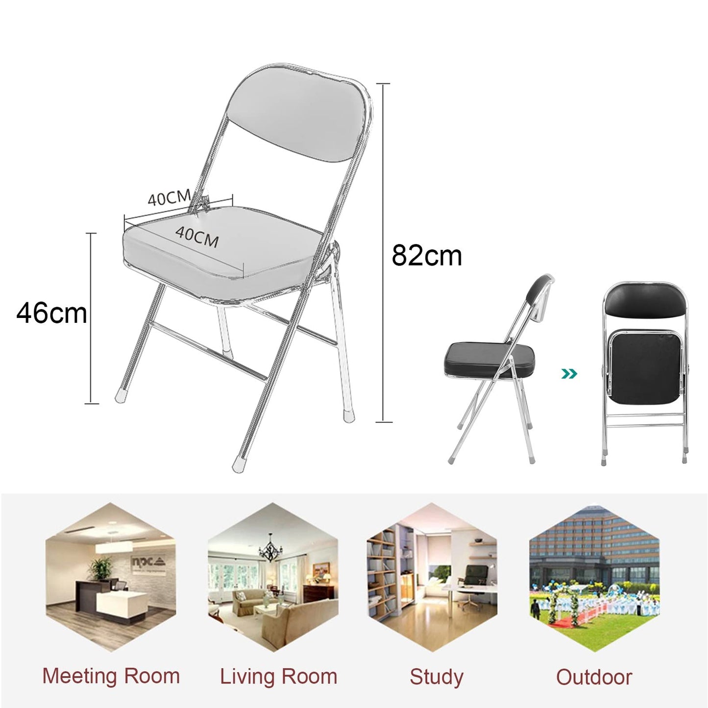Folding Chairs Indoor-Easy To Clean Visitor Conference Temporary Seat Foldable Chairs Pu Seat-Patio Chairs Metal Frame Foldable Chair For Desk Home Garden Office Computer Desk Stool (White X1)