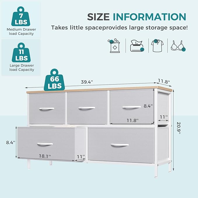 OLIXIS Dresser for Bedroom with 5 Drawers, Wide Chest of Drawers, Fabric Bedroom Dresser with Drawer Organizer, Storage Organizer Unit with Fabric Bins for Closet, Living Room, Hallway, Light Grey