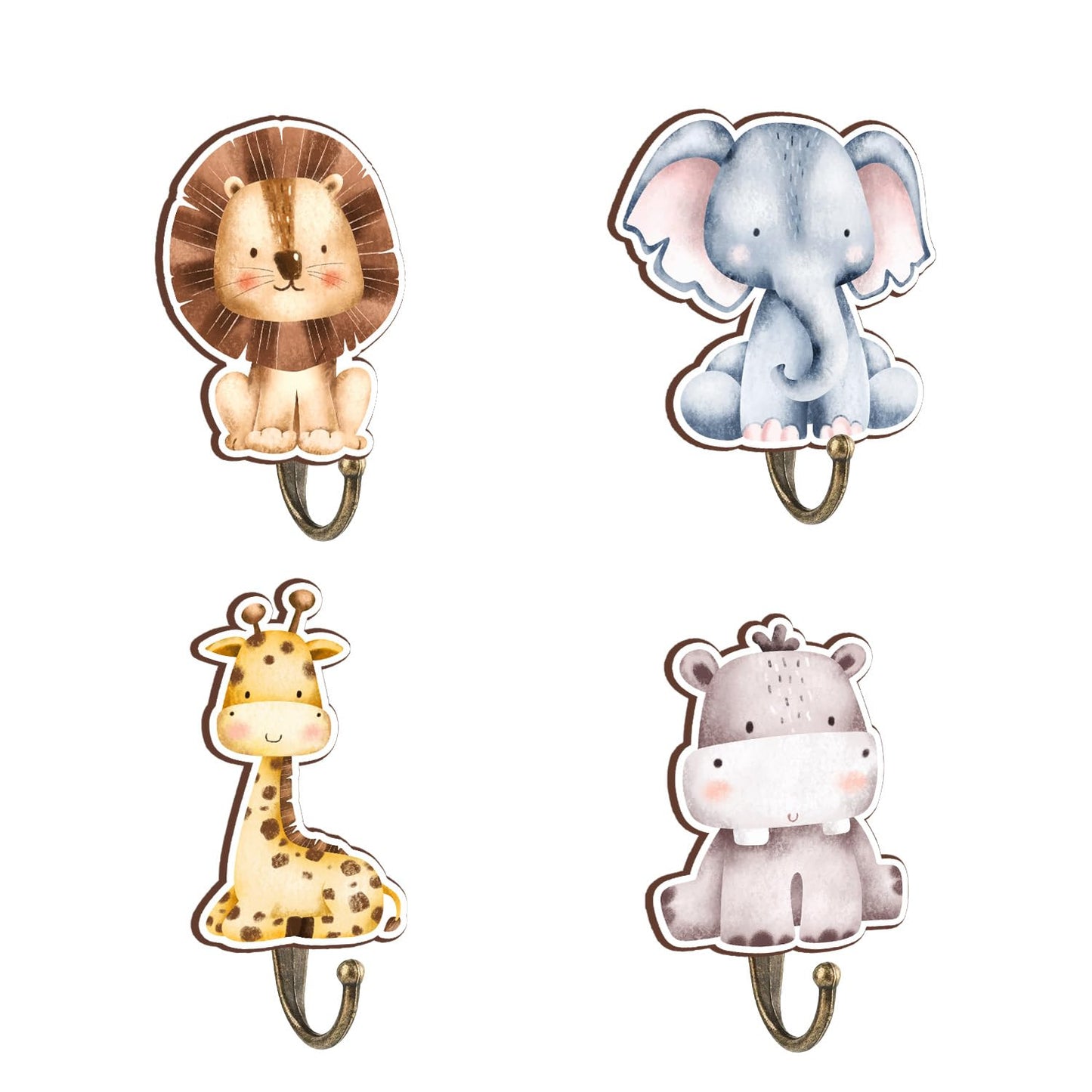 MJSXY Safari Nursery Decor Animal Wall Hooks, 4 Pcs Wooden Jungle Hooks for Kids Room,Animal Towel Hangers for Baby Boy Nursery Bathroom Bedroom Home Decor, 4 x 4 Inches Cute Hook for Wall