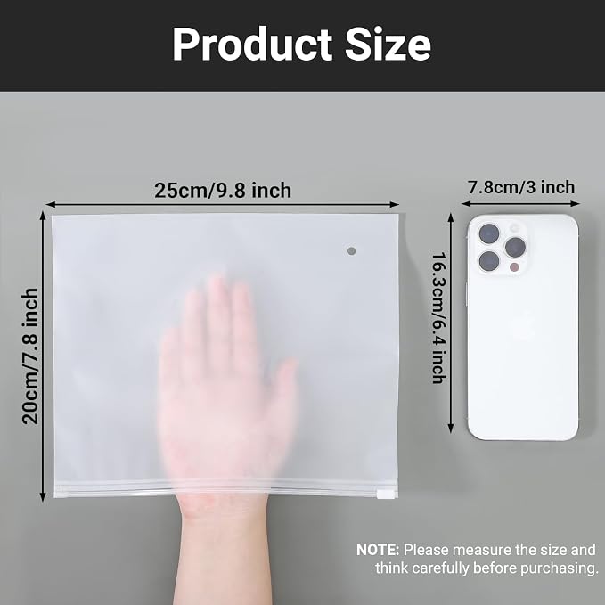Frosted Zipper Bags for Clothes 25pcs, Plastic Shirt Bags for Packaging T-Shirt, Swimsuit, Bikini, Bathing Suit, 3 Mil, 9.8x7.8" with Vent Holes and Reinforced Sides