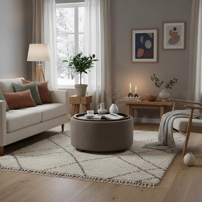 Zihanhome 30 Inch Round Storage Ottoman Coffee Table, Modern Boucle Ottoman with Lift-Off Lid and Solid Wood Legs for Living Room, Bedroom, Corners, Apartments (Brown)